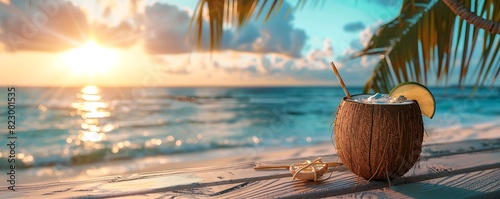 Cocktail in a coconut with straws and decor on the table, in three-quarter, the blue ocean in background and a palm tree in the side, realistic, 8k,shapen image photo