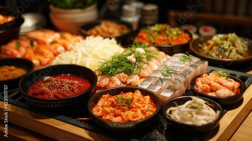 Assorted Korean food dishes displayed on a wooden table, featuring various traditional flavors and ingredients, ready for a delicious meal.