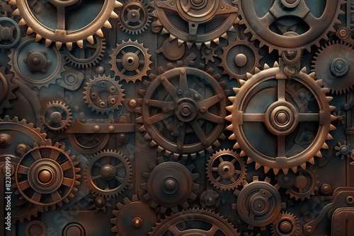 A backdrop of interlocking gears and cogs in a steampunk style, with a focus on bronze and copper metals, intricately meshed together. 32k, full ultra hd, high resolution