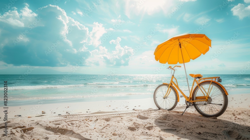 Fototapeta premium Vintage bike on shoreline, azure waters, beach umbrella, summer relaxation, golden sunlight