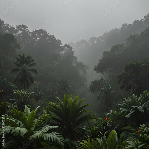 Grey rainy sky with a foggy rainforest