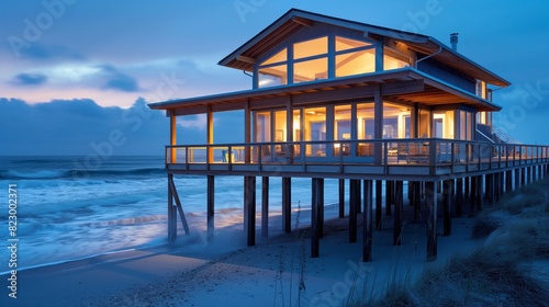 A beach house on stilts  with a wraparound porch and panoramic windows offering views of the crashing ocean waves at dusk. 32k  full ultra hd  high resolution