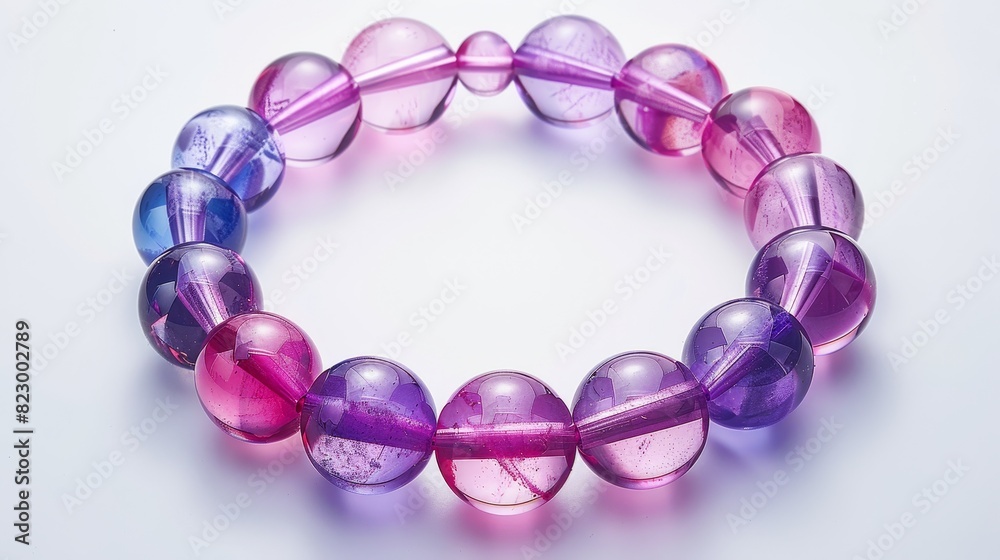 Top view, pink and purple bracelet on a white background, isolated and well-lit with studio lighting, perfect for jewelry display