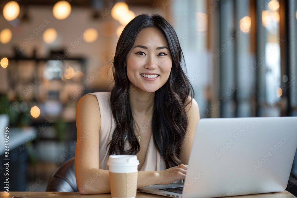 Smiling Woman Working on Laptop at Cafe Smiling Woman Working on Laptop at Cafe