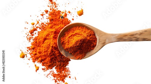 Red paprika, cayenne pepper powder in wooden spoon pile isolated on a transparent background