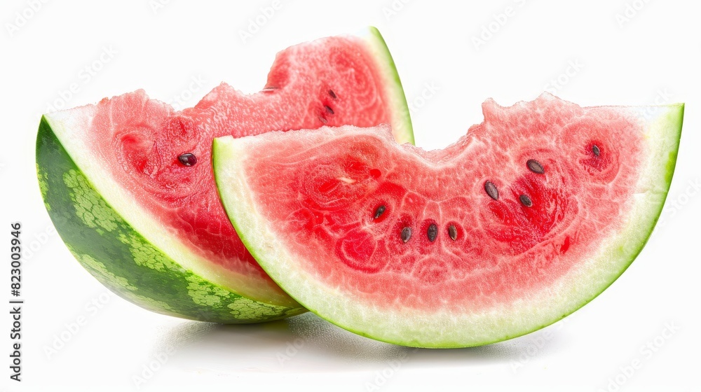 Slice of watermelon with vivid colors and juicy appearance, ideal for ads, isolated background, studio lighting Slice of watermelon with vivid colors and juicy appearance, ideal for ads, isolated background, studio lighting