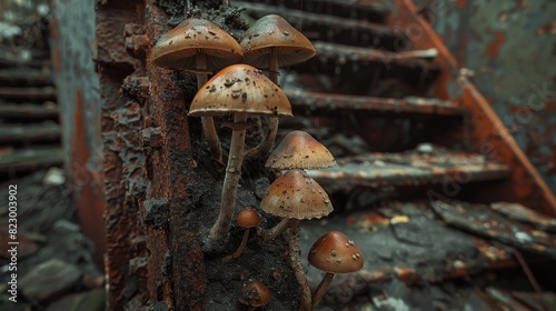 Small mushrooms sprouting from a rusted wall, surrounded by decay and urban ruin, eerie atmosphere