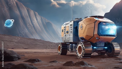 A sophisticated rover stands on the barren landscape of an alien world, under a sky graced by a distant planet, evoking a sense of exploration and advanced technology.. AI Generation photo