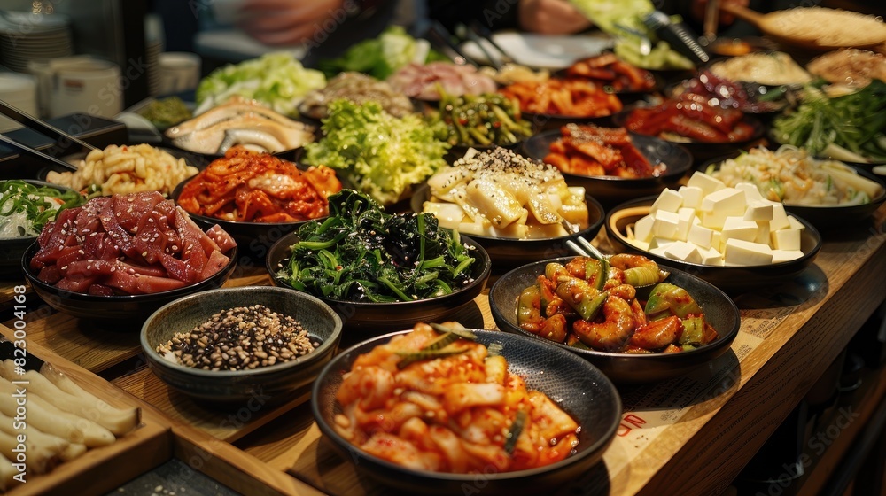 An assortment of delicious Korean dishes displayed on a table, showcasing vibrant colors and diverse ingredients, perfect for a gourmet experience.