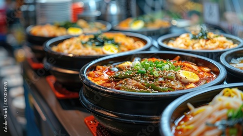 A vibrant display of traditional Korean dishes in bowls  featuring fresh vegetables  meats  and savory sauces  perfect for culinary enthusiasts.