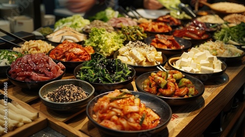 An assortment of delicious Korean dishes displayed on a table  showcasing vibrant colors and diverse ingredients  perfect for a gourmet experience.