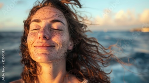 A woman is standing on the beach, feeling the wind in her hair and the warmth of the sun on her closed eyes. Her happy gesture reflects the joy of being in the moment AIG50