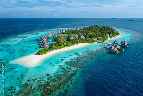 Aerial view of Maldives island beach fringed by azure waters