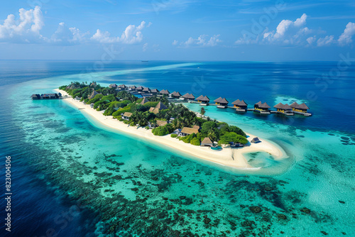 Aerial view of Maldives island beach fringed by azure waters photo