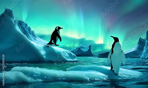 A penguin surfing an iceberg at night  with the aurora borealis lighting up the sky