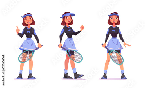 Tennis player character. Cartoon vector illustration set of young woman in sportswear with racket standing surprised, happy smiling and showing hand gesture thumbs up. Female adult person doing sport. photo