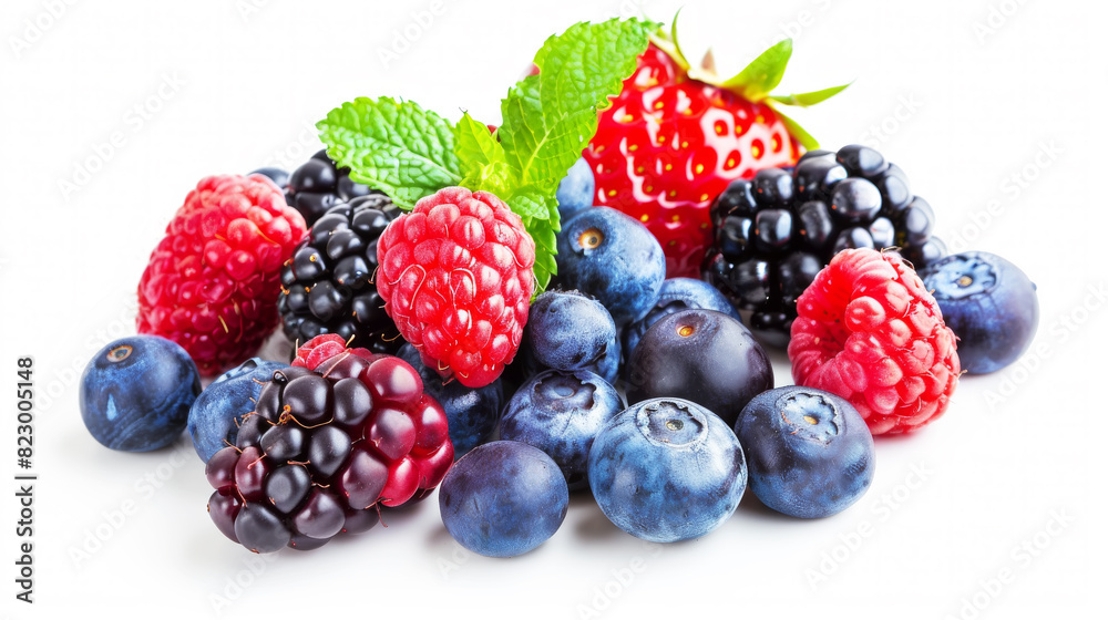 A vibrant collection of fresh berries with strawberries, blackberries, raspberries, and blueberries A vibrant collection of fresh berries with strawberries, blackberries, raspberries, and blueberries