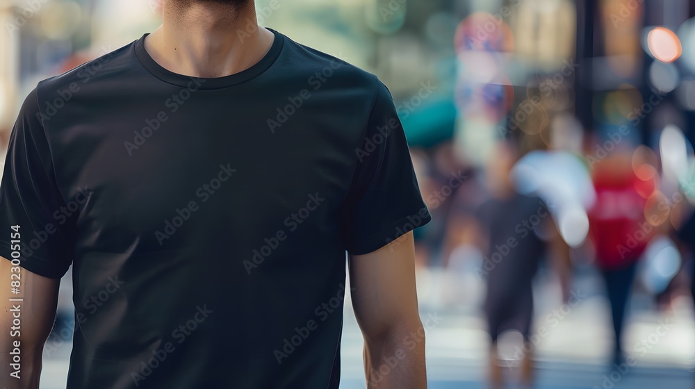 Black T-Shirt Mockup on Male Model with Street Background Black T-Shirt Mockup on Male Model with Street Background