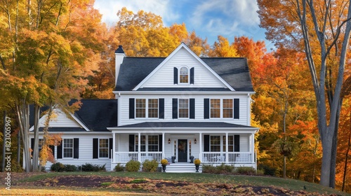 A colonial-style home with white clapboard siding  black shutters  and a wrap-around porch  set against a backdrop of vibrant fall foliage. 32k  full ultra hd  high resolution