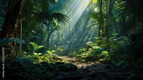 Sunlight filtering through lush foliage in tropical jungle casting shadows on forest floor