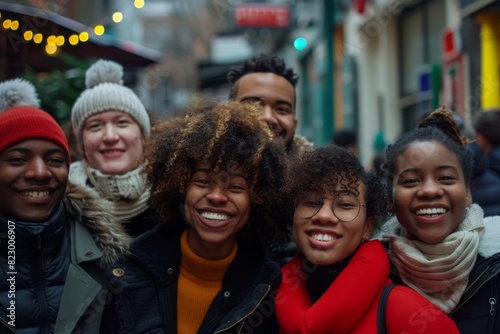 Group of happy multiethnic friends standing on the street in winter