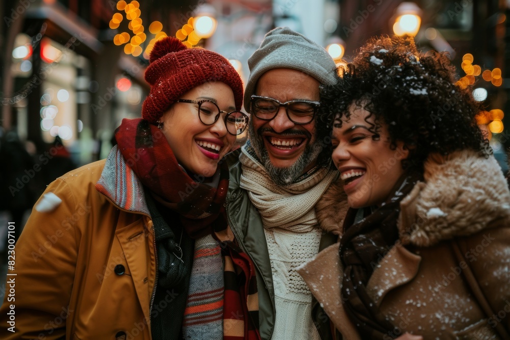 Happy group of friends having fun in New York City, wearing warm clothes. Happy group of friends having fun in New York City, wearing warm clothes.