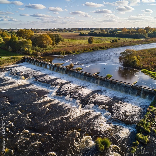 An action-packed aerial view capturing the full breadth of a functional weir as it spans across a river, emphasizing its strategic placement and importance in local water systems, suitable for documen photo
