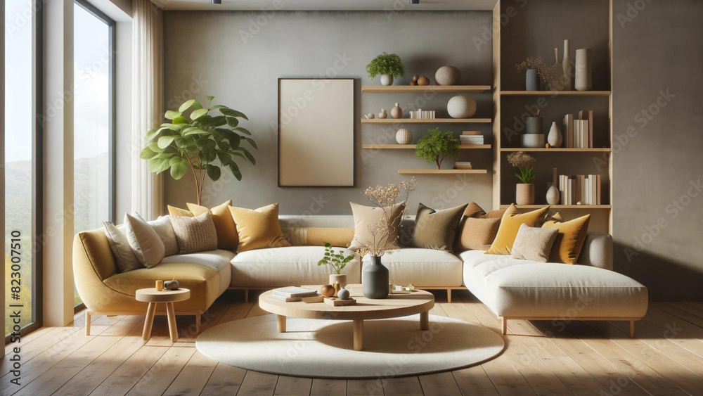 Modern Minimalist Living Room with Yellow Sofa and Light Gray Wall Modern Minimalist Living Room with Yellow Sofa and Light Gray Wall