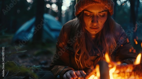 A fictional character  a woman  is having fun lighting an electric blue fire in the dark woods at night  creating warmth and light amidst the darkness AIG50