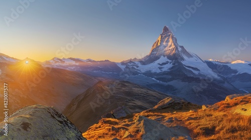 A crisp, clear sunrise over a rugged mountain peak, with the first light casting golden hues on the snow-capped summit. 32k, full ultra hd, high resolution