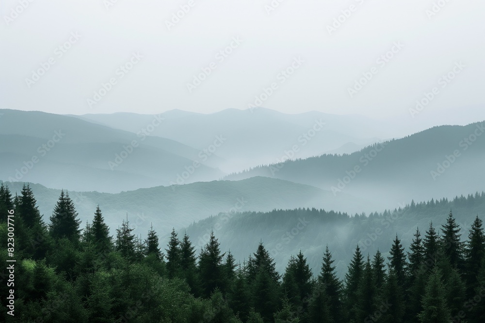 A peaceful gradient from forest green to mountain gray, mirroring the natural transition found in a misty mountain range. 32k, full ultra hd, high resolution