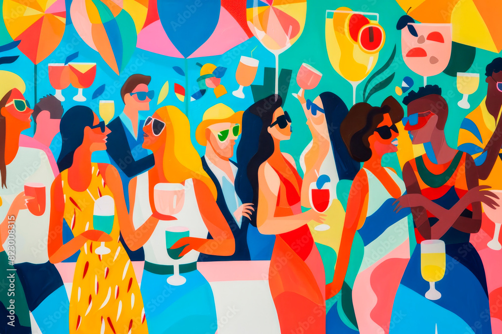 Summer festivities, with bold, festive colors and dynamic shapes inspired by outdoor parties, colourful image for poster or invitation Summer festivities, with bold, festive colors and dynamic shapes inspired by outdoor parties, colourful image for poster or invitation