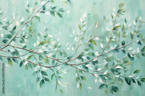 Abstract botanical artistic background. Oil painting of tree branch with green leaves on textured blue-green backdrop