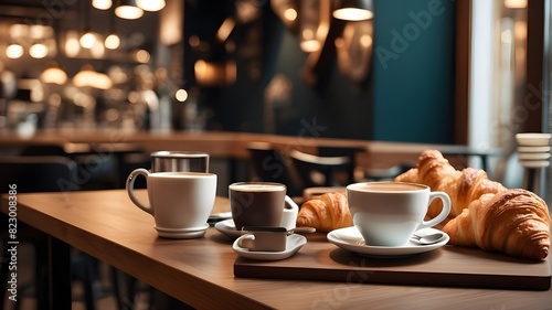 Barista's Delight: A charming bar table with croissants and coffee, ideal for menus in restaurants. Soft lighting produces a comfortable and unwinding ambiance.