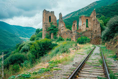 Abstract rustic landscape with ancient ruins of a castle and a winding railroad track.