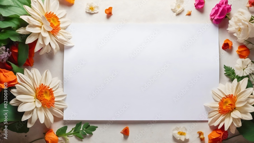 Blank paper sheet surrounded by summer flowers