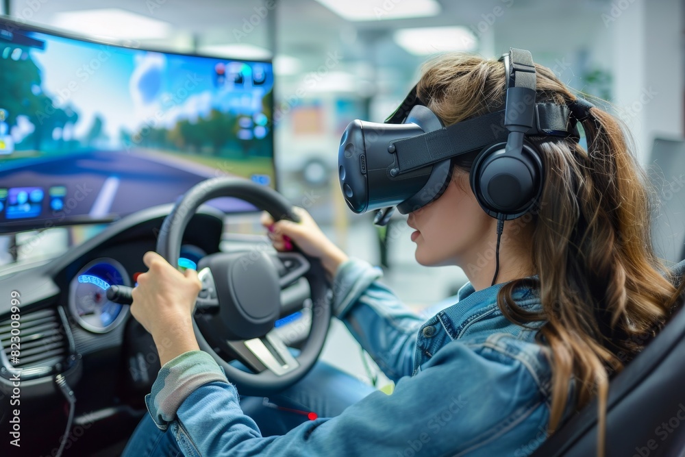 Woman in vr driving school simulator practicing steering wheel control during exam Woman in vr driving school simulator practicing steering wheel control during exam