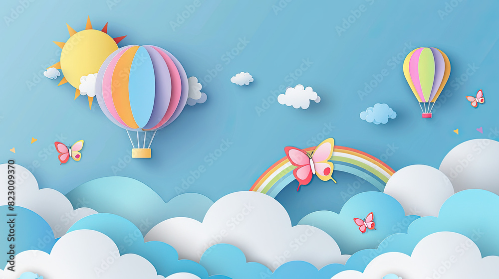 Beautiful fluffy clouds on blue sky background with summer sun, butterfly, hot air balloons and rainbow. Vector illustration. Paper cut style Beautiful fluffy clouds on blue sky background with summer sun, butterfly, hot air balloons and rainbow. Vector illustration. Paper cut style