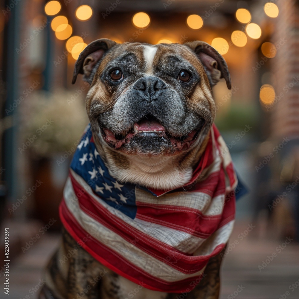 Bulldog wearing american flag with building in front of background，American Bulldog, US flag, patriotic, national holiday, Flag Day, Veterans Day, Memorial Day, Independence Day, Patriot Day, building