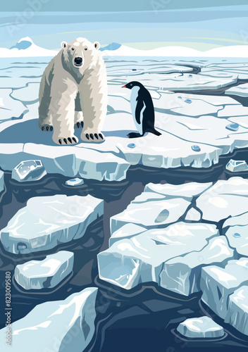 a penguin and a polar bear on an ice floe