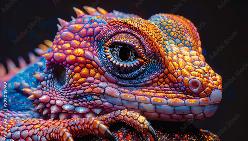 Obraz premium A stunning close-up photograph of a rainbow lizard, its scales glistening in the sunlight. The lizard is perched on a rock, its eyes closed in contentment.