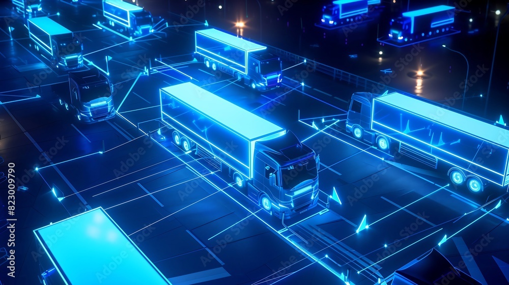 a futuristic logistics trucks in neon blue colors connected by a network with lines a futuristic logistics trucks in neon blue colors connected by a network with lines