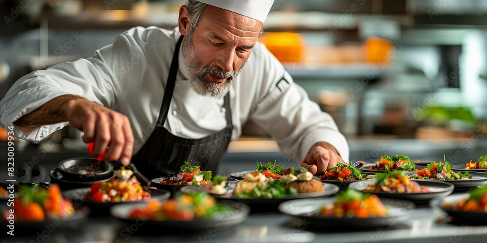 A chef garnishes gourmet dishes in a dimly lit kitchen, highlighting the artistry and precision of fine dining generatrive ai