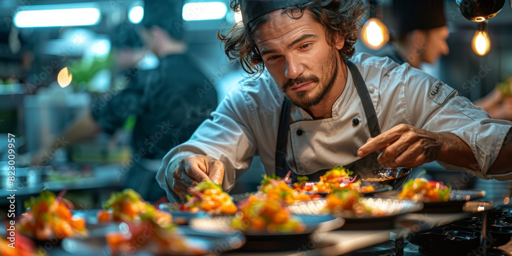 A chef garnishes gourmet dishes in a dimly lit kitchen, highlighting the artistry and precision of fine dining generatrive ai A chef garnishes gourmet dishes in a dimly lit kitchen, highlighting the artistry and precision of fine dining generatrive ai