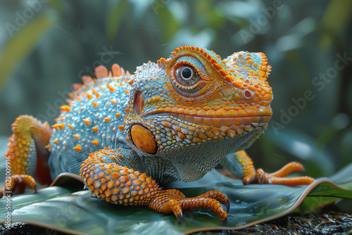 A stunning closeup photograph of a colorful lizard with blue and orange scales.