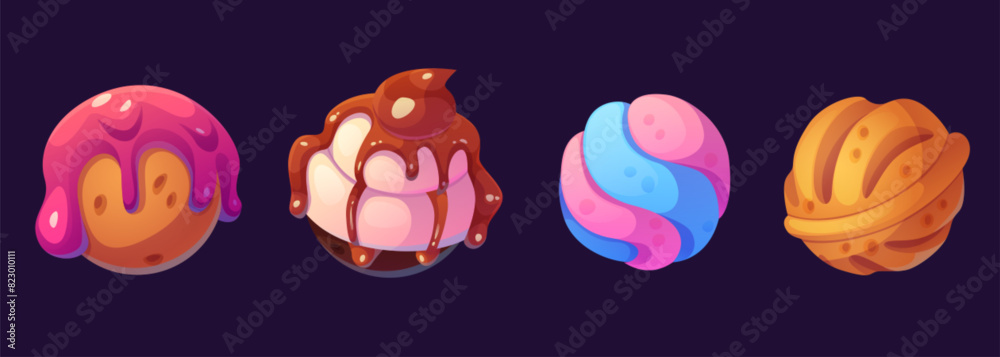 Candy planets set isolated on background. Vector cartoon illustration of sweet ice cream ball, biscuit cake decorated with chocolate, pink icing and caramel, magic confectionery land design elements Candy planets set isolated on background. Vector cartoon illustration of sweet ice cream ball, biscuit cake decorated with chocolate, pink icing and caramel, magic confectionery land design elements