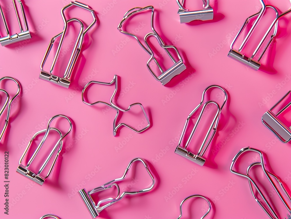 Binder clips in assorted sizes, aligned in top view against an isolated magenta background Binder clips in assorted sizes, aligned in top view against an isolated magenta background