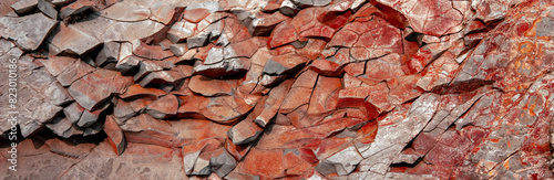 Cracks and chips on a stone cliff in the rays of sunset. Texture of red and orange rock stone.