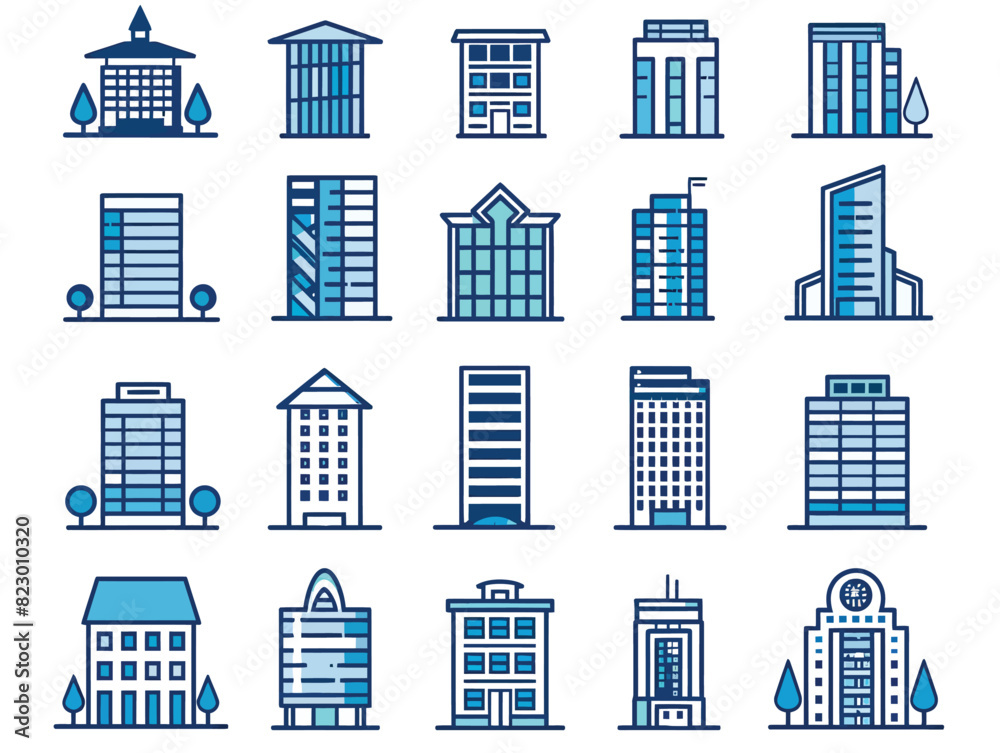 a bunch of buildings that are blue and white