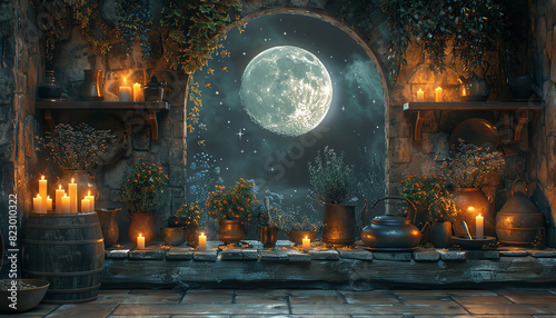 A witch's cottage in the moonlight
